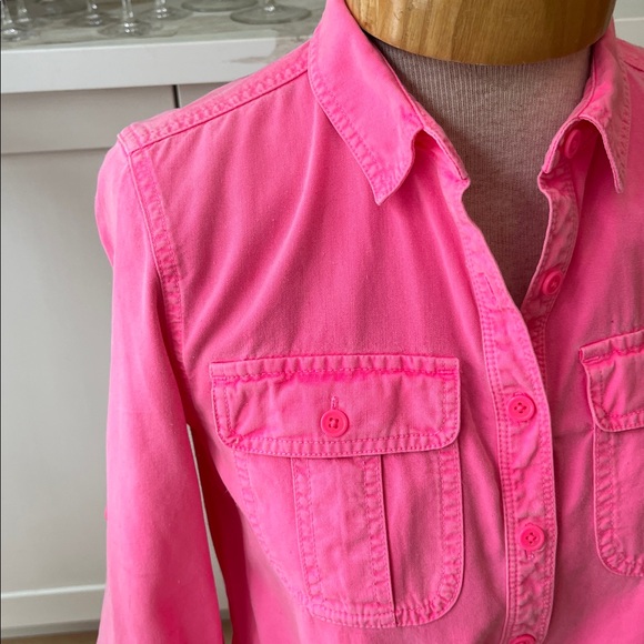 J. Crew Vibrant Pink Collared Shirt Dress with buttons to waist drawstring belt - Picture 2 of 9
